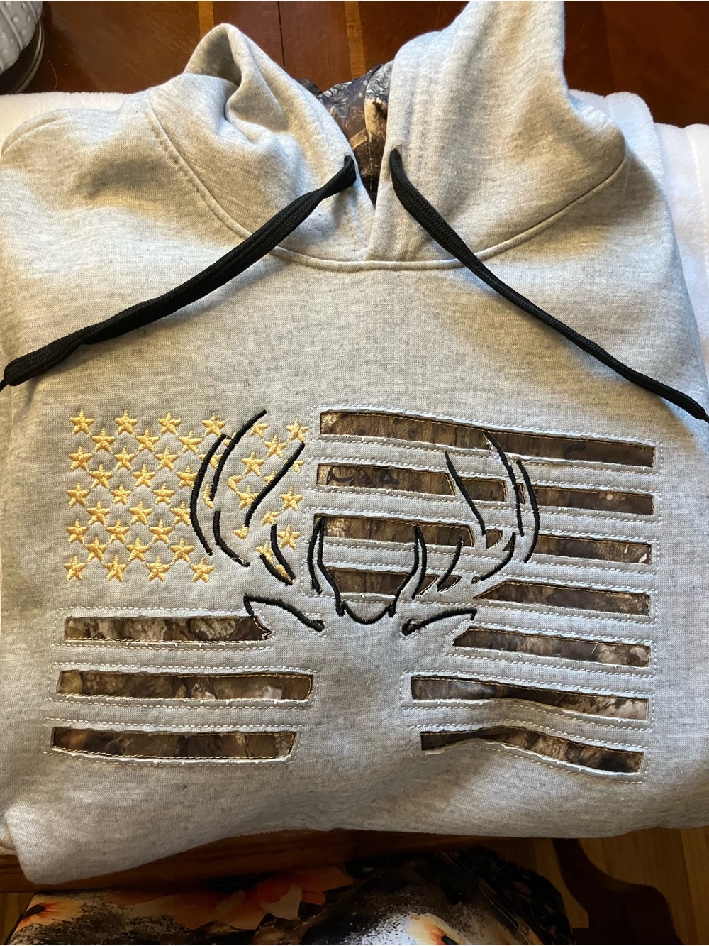 Kids Gray Hoodie with Camo American Flag & Deer Graphic